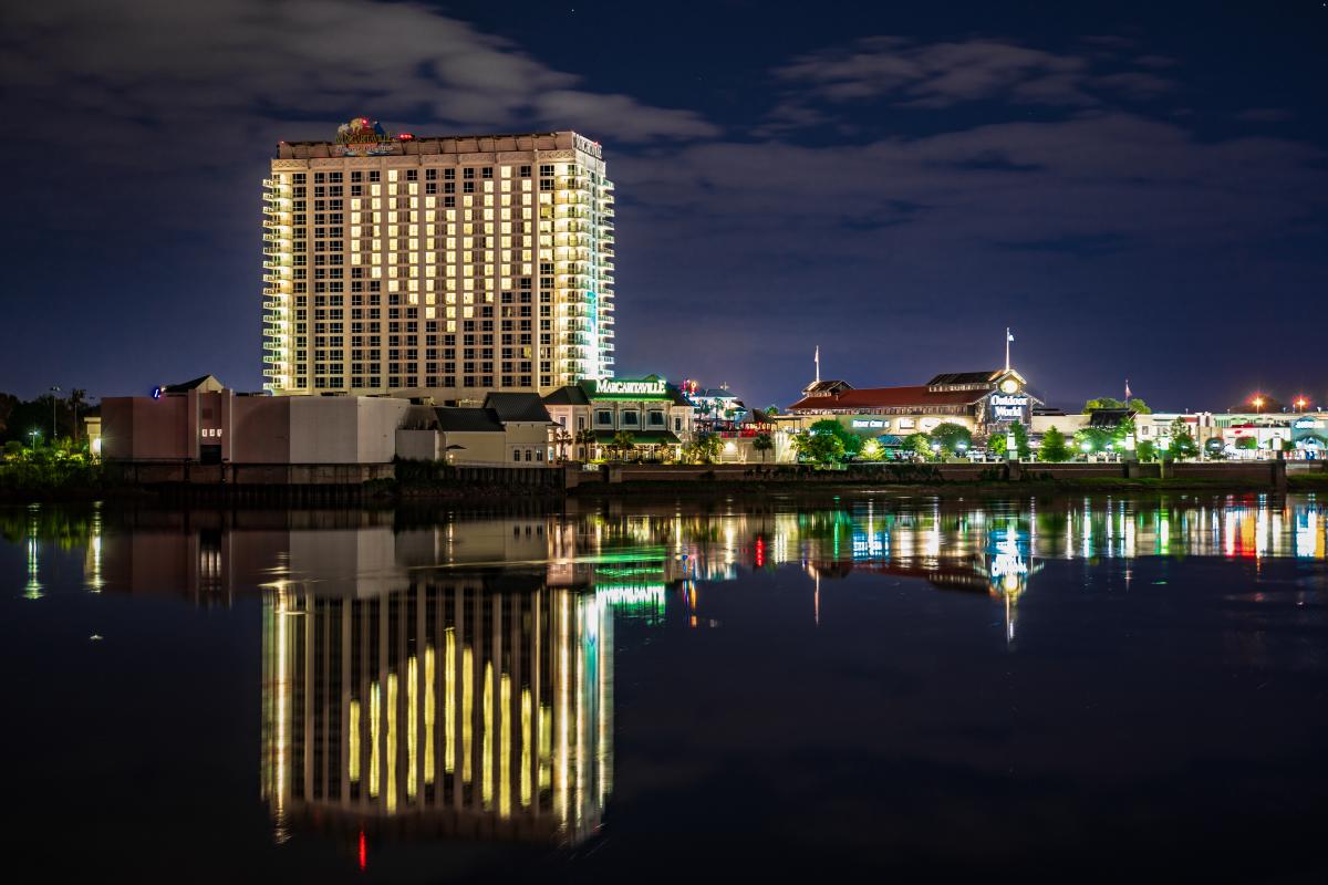 Margaritaville Resort Casino in Bossier City lights windows in the shape of a heart.