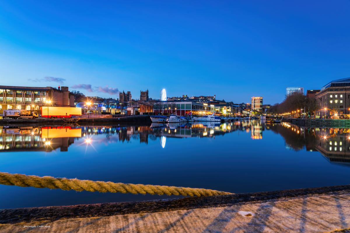 Bristol's floating harbour at dusk