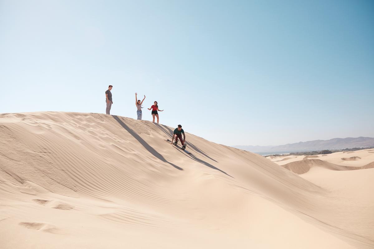 Friends boarding the dunes