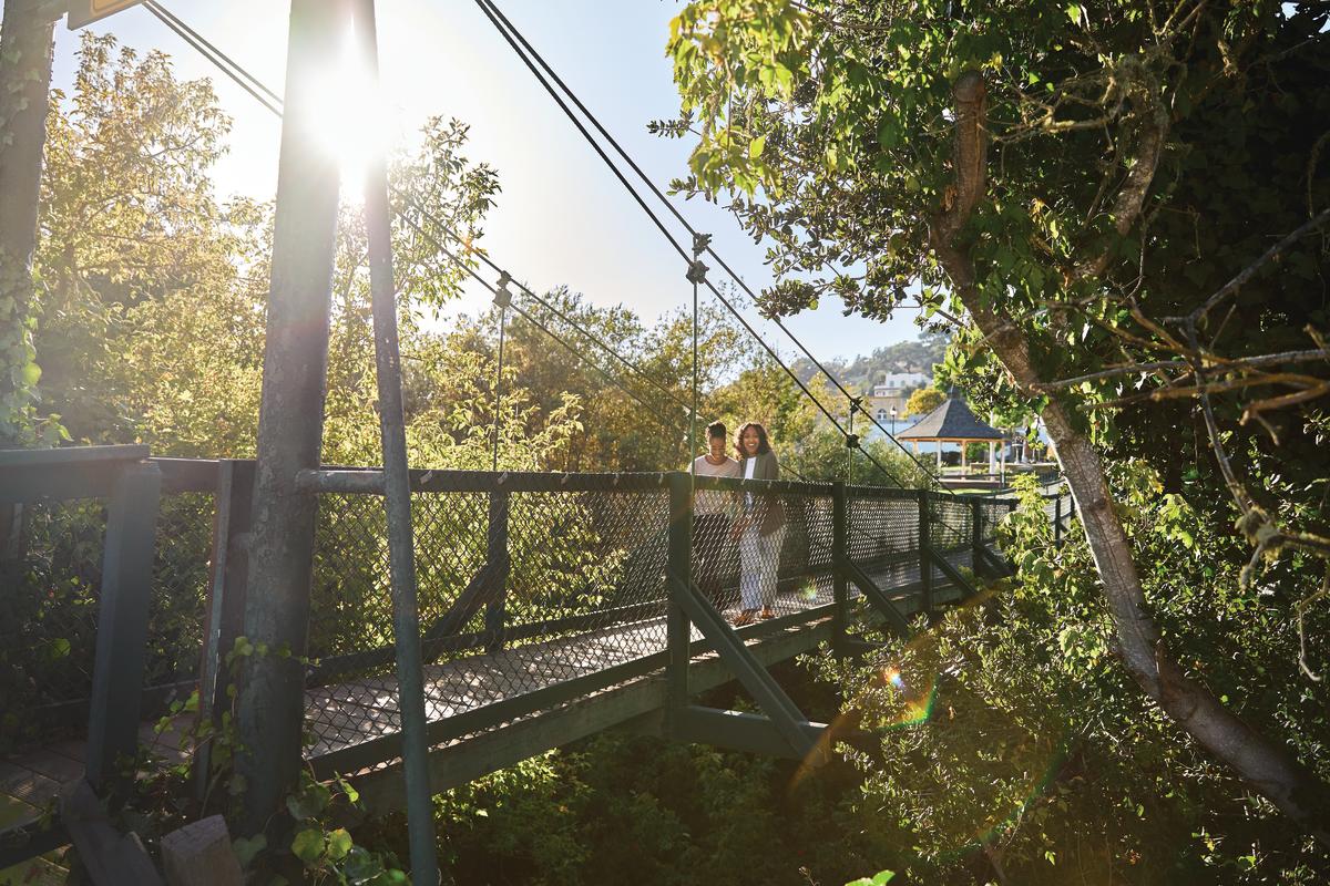 Walking across swinging bridge