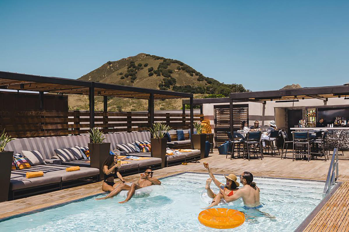 friends hanging out in rooftop pool