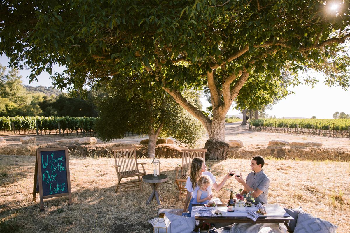 a family enjoying a private vineyard picnic at ONX Wine Estates in Templeton