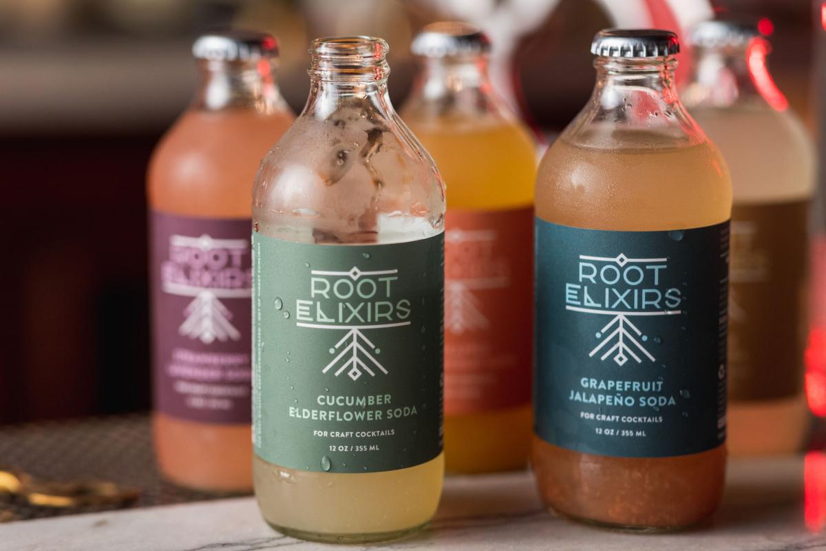 Root Elixirs cocktail mixer bottles