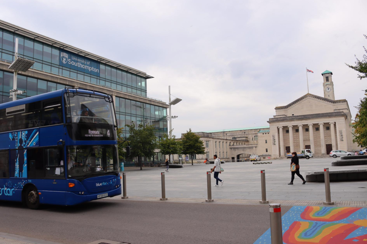 Bluestar Bus driving past guildhall Square
