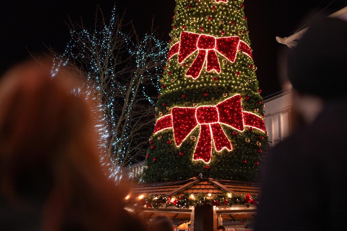 Southampton Christmas Market tree lit up at night with bright red bows