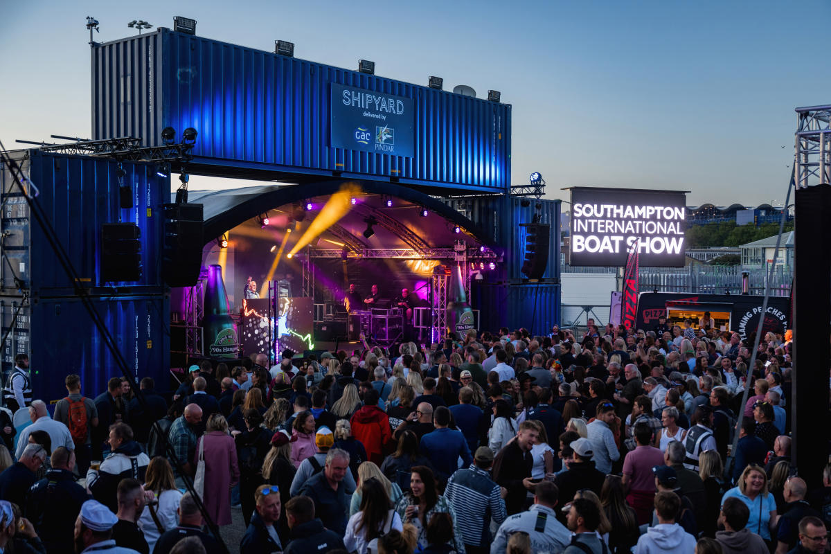 Performance on stage in front of crowd of people at the Southampton International Boat Show
