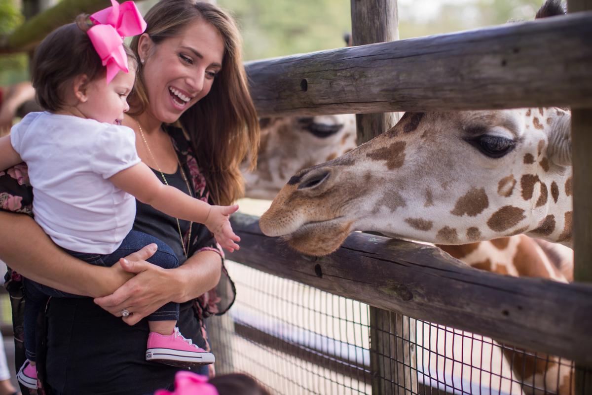 Parent and daughter feeding giraffe at Dickerson Park Zoo