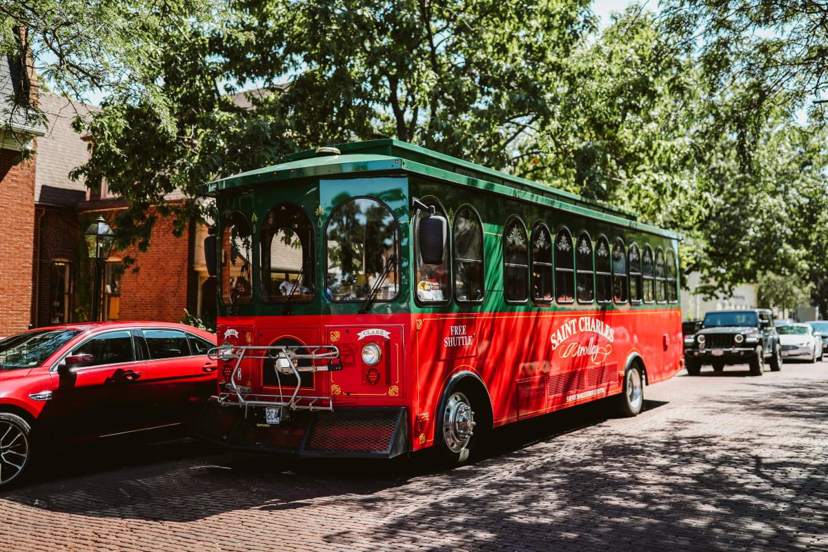 Trolley heading down Main Street St. Charles