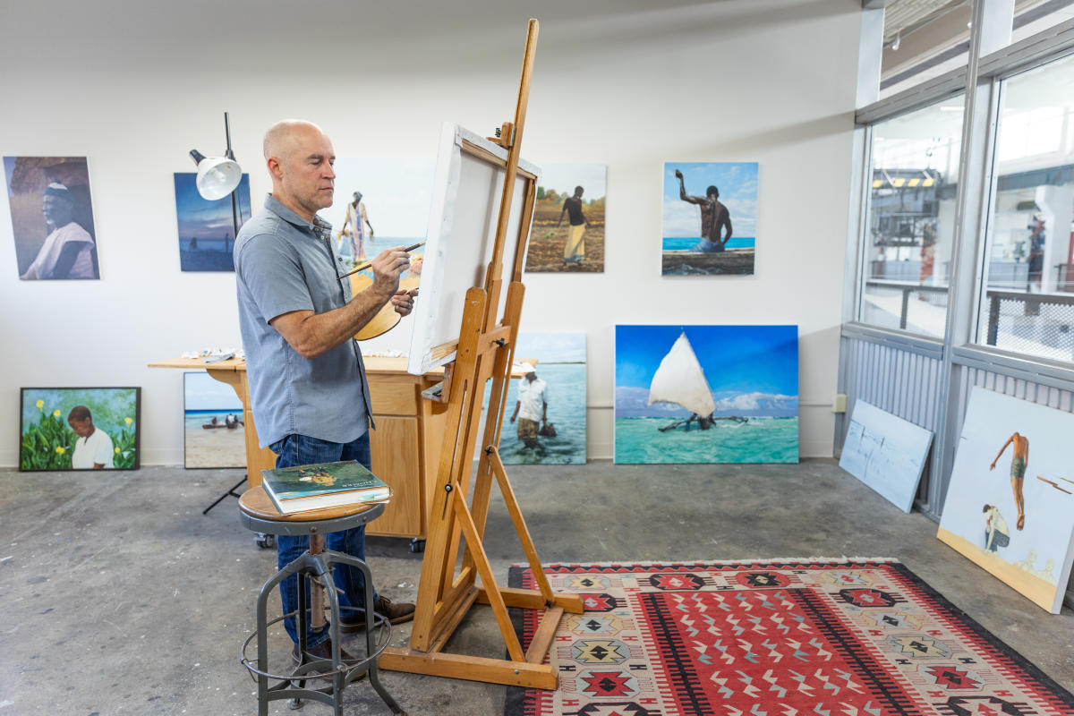 Evan Church paints in his studio at the Foundry Art Centre in St. Charles, Missouri.