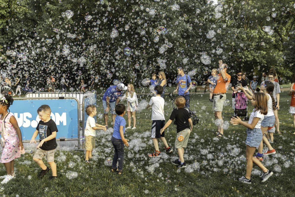 Children playing in tons of bubbles at Frontier Park in St. Charles, Missouri.