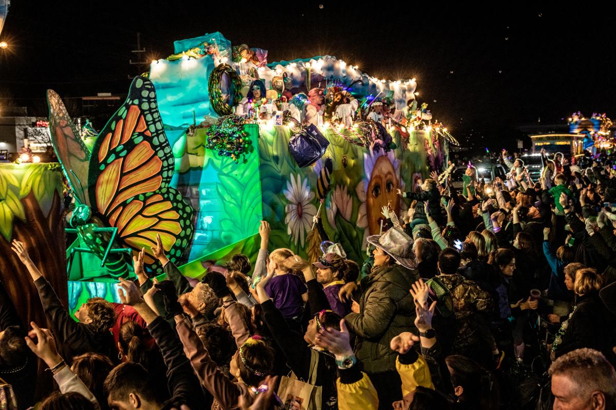 Floats in the Krewe of Eve parade are elaborately decorated with LED lights and constructions.
