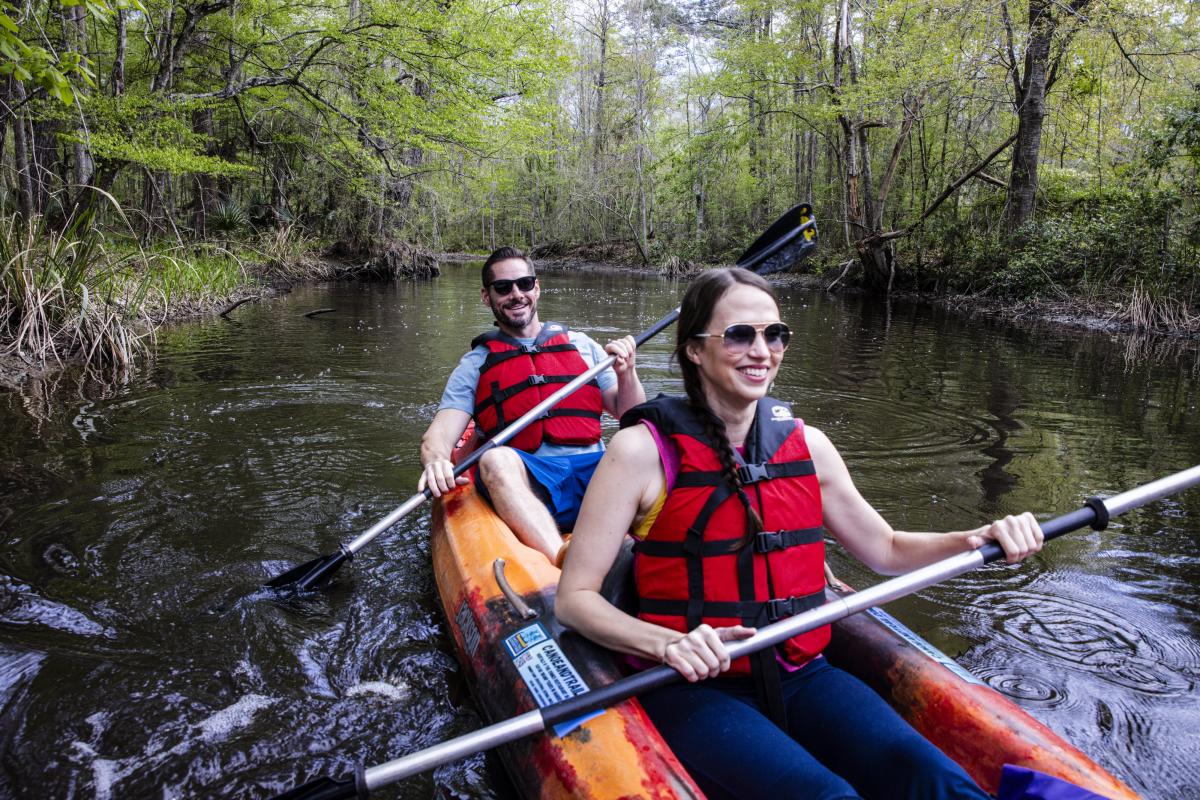 A man and a woman in a tandem kayak paddle through a cypress tree-lined bayou.