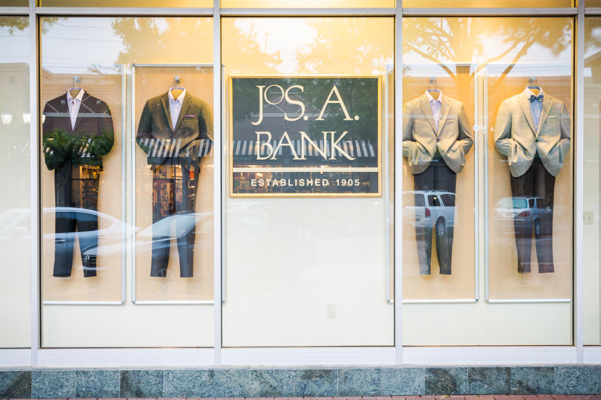 Window display of suits at Jos A Bank