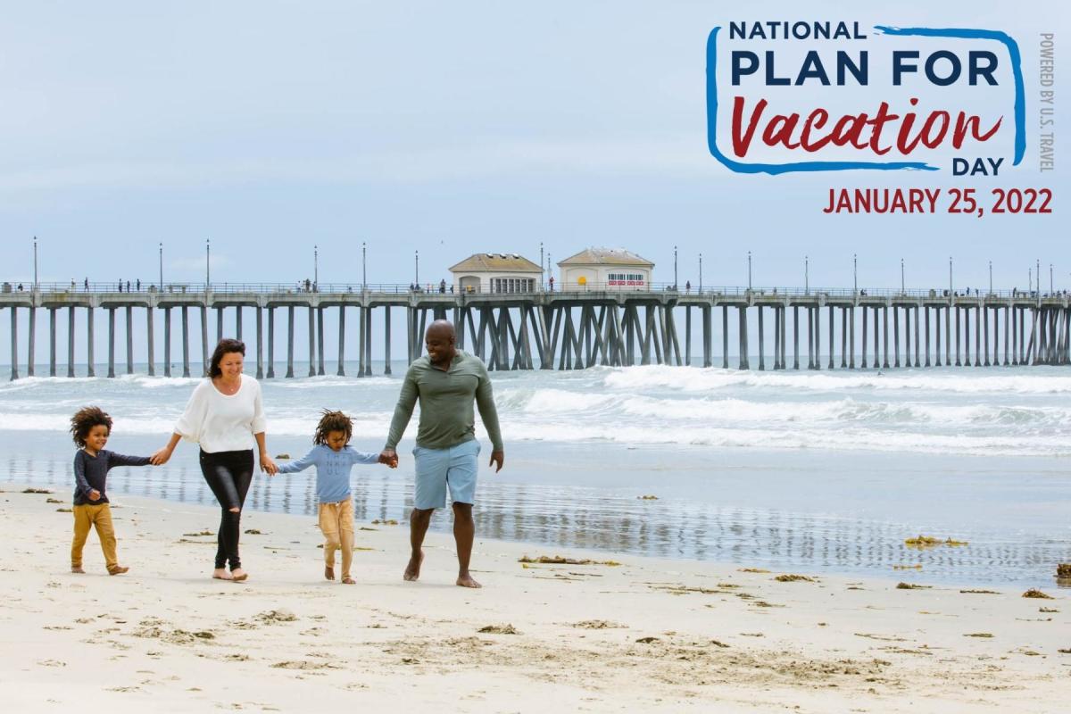 National Plan Your Vacation Day image of family walking along the beach with pier in the background