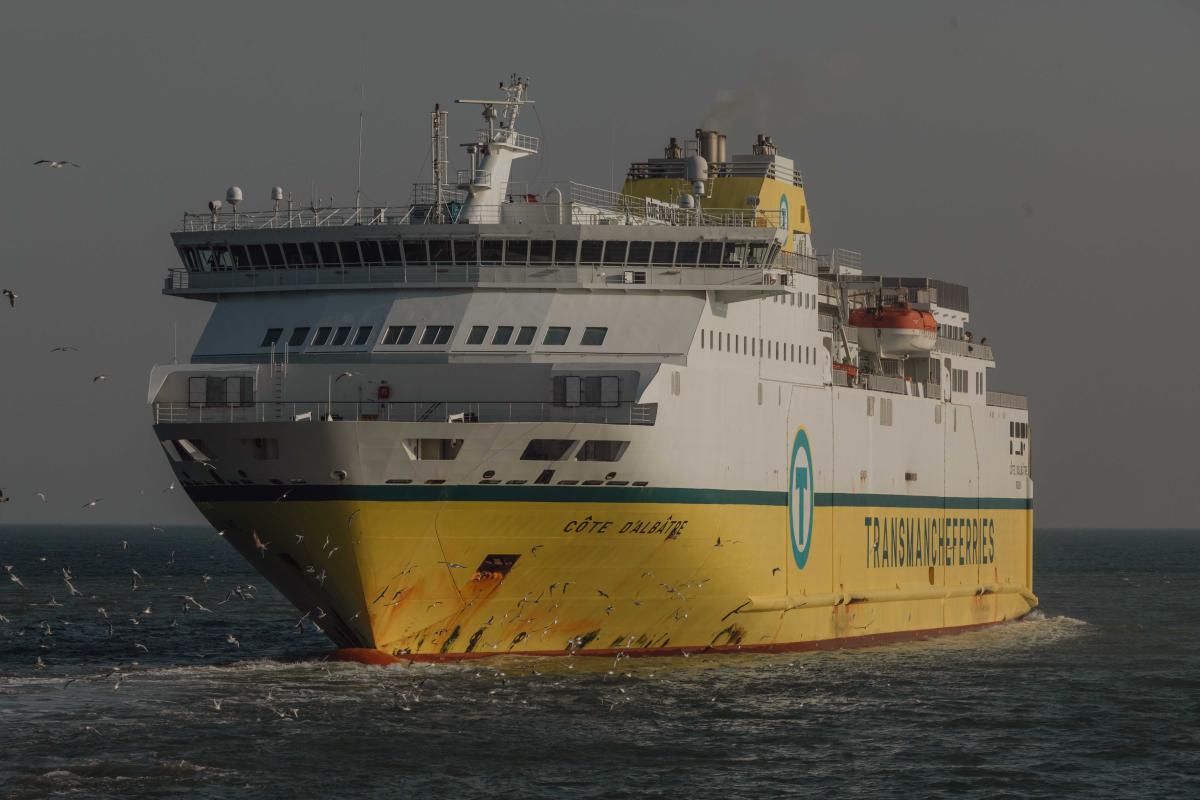 White and yellow ferry sailing in to Newhaven