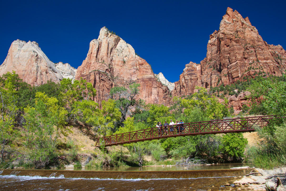 Court of the Patriarchs against a bright blue sky in Zion National Park.