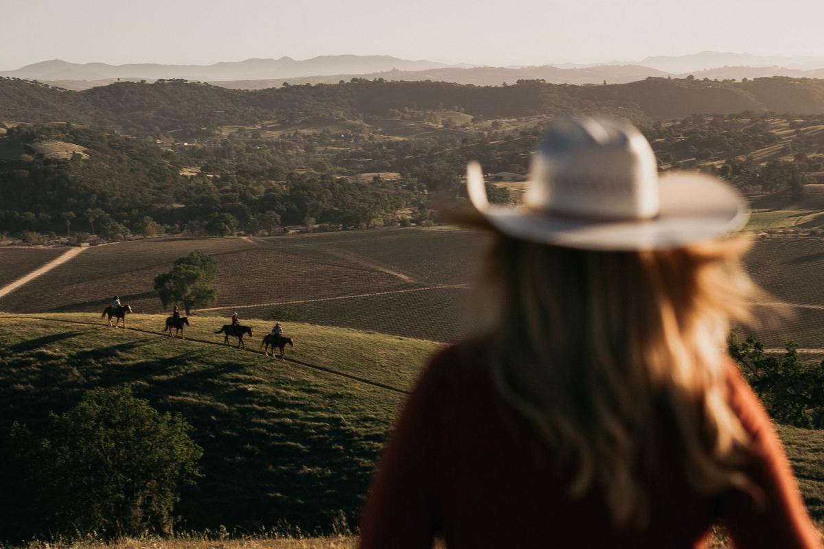 Cowgirl overlooking vineyard with horses