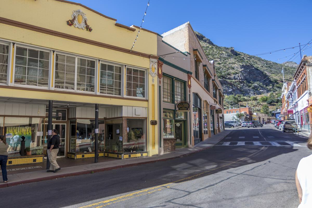 street view of Bisbee with historic-looking storefronts