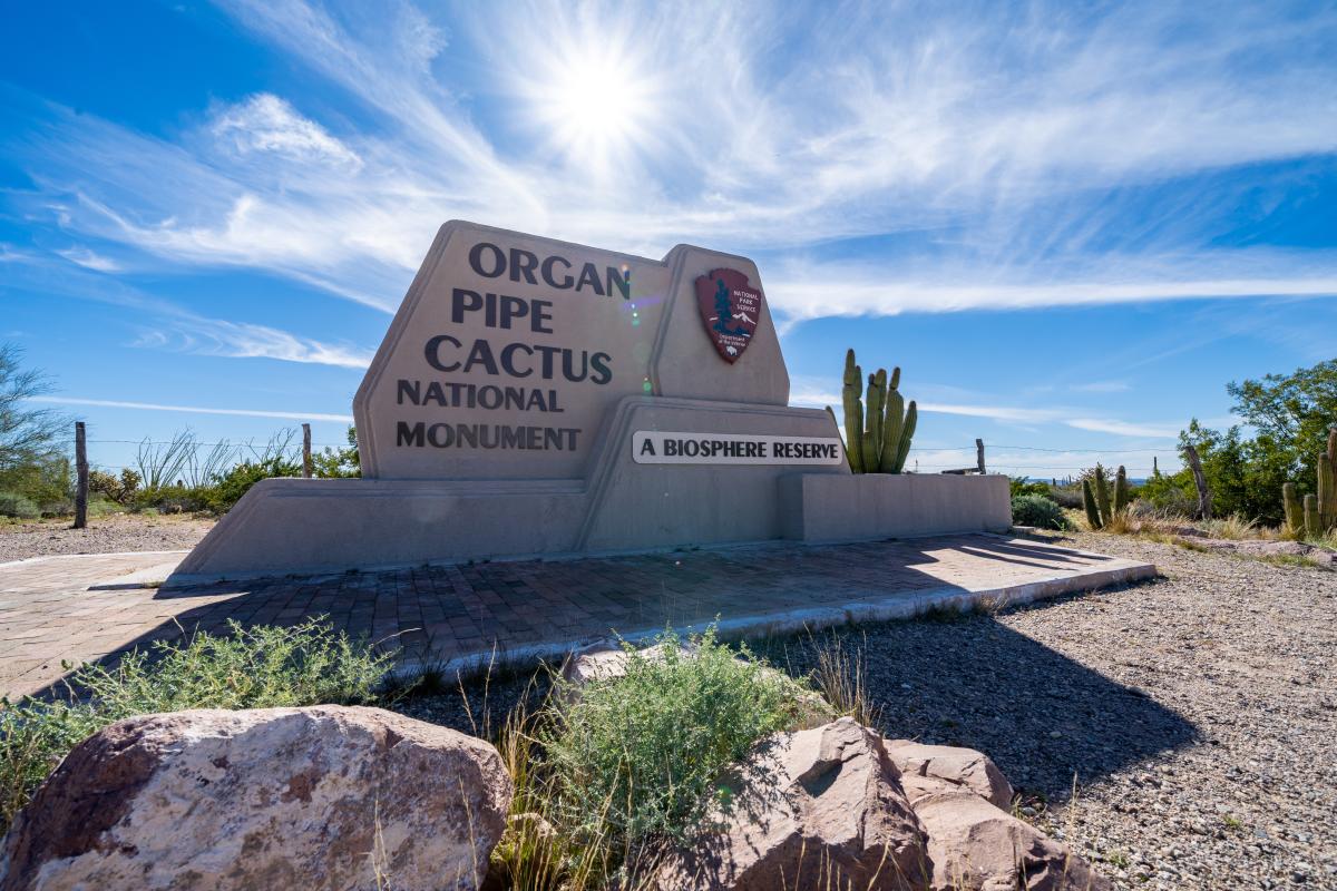 Signage at the entrance to Organ Pipe Cactus National Monument.