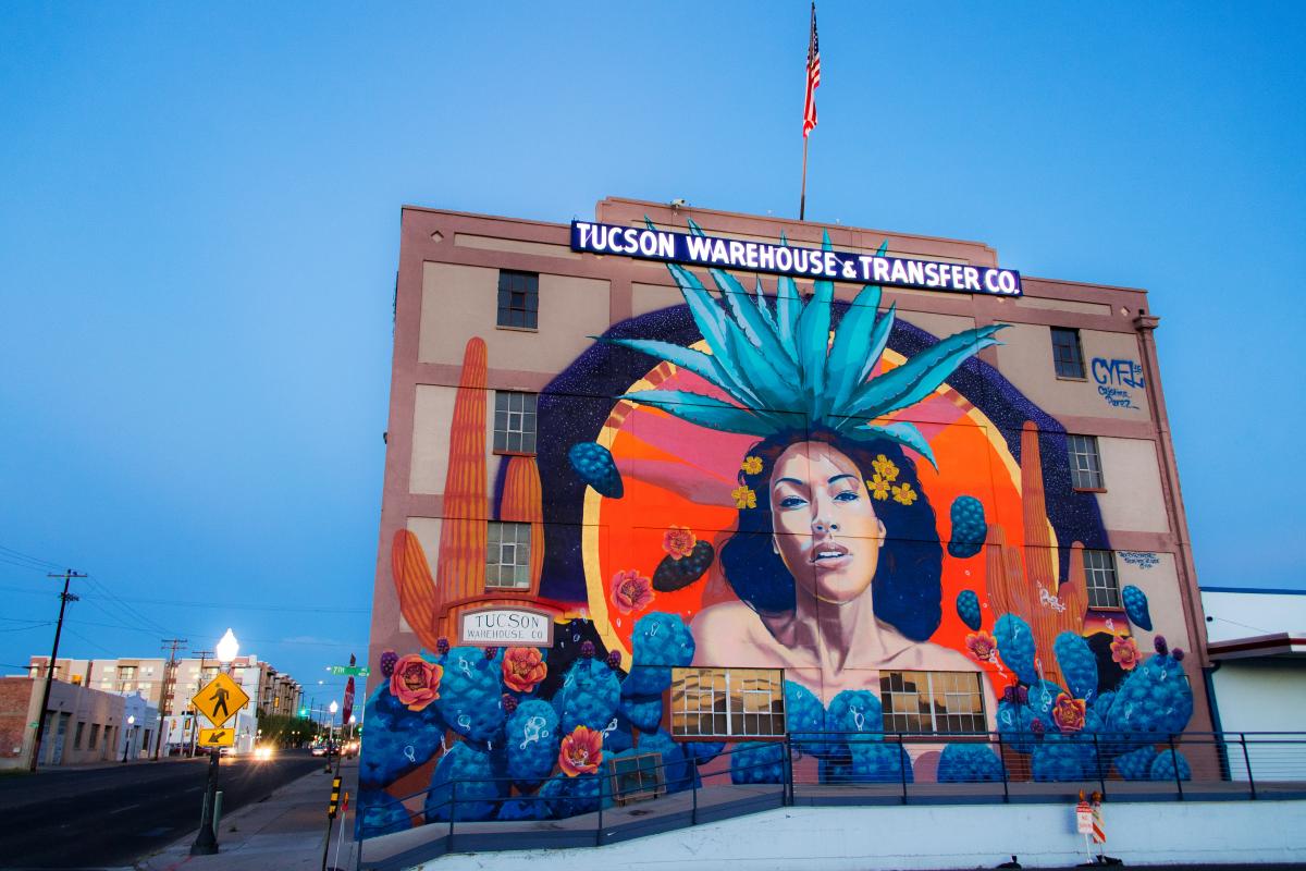 Outside wall of "Tucson Warehouse & Transfer Co". Large mural of a woman's face and shoulders with an agave plant crown. Colorful desert cacti surround the base to frame her.