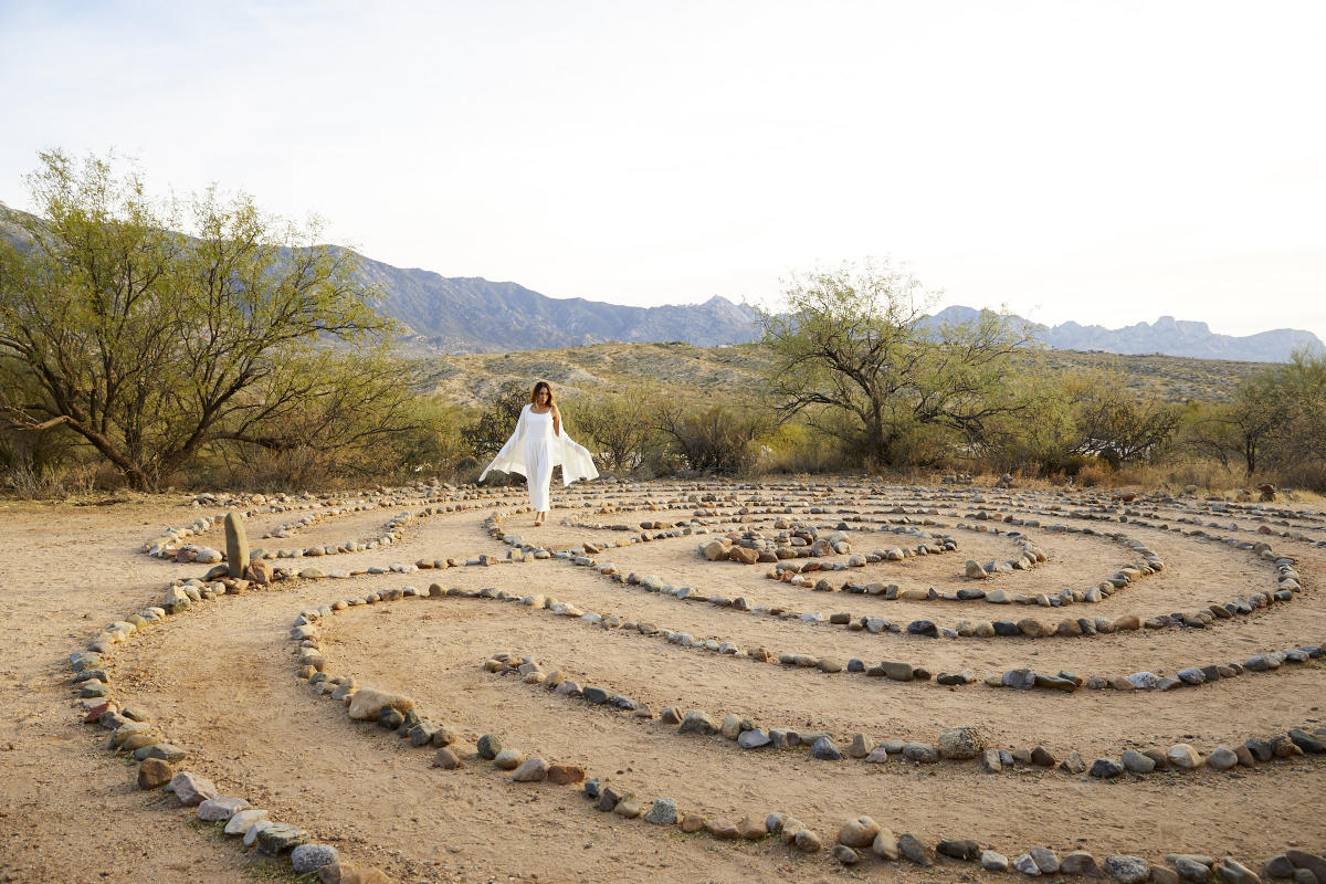 Walking through a stone labyrithn at Miraval Arizona