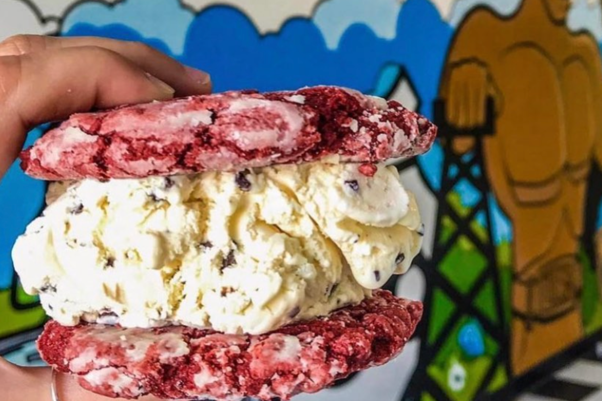 A red velvet cookie ice cream sandwich from Sweets and Cream in Tulsa, OK