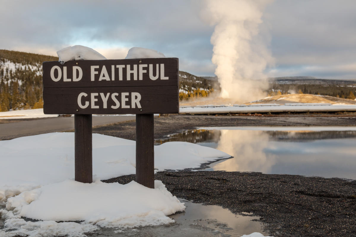 Old Faithful Geyser in Yellowstone National Park in the wintertime