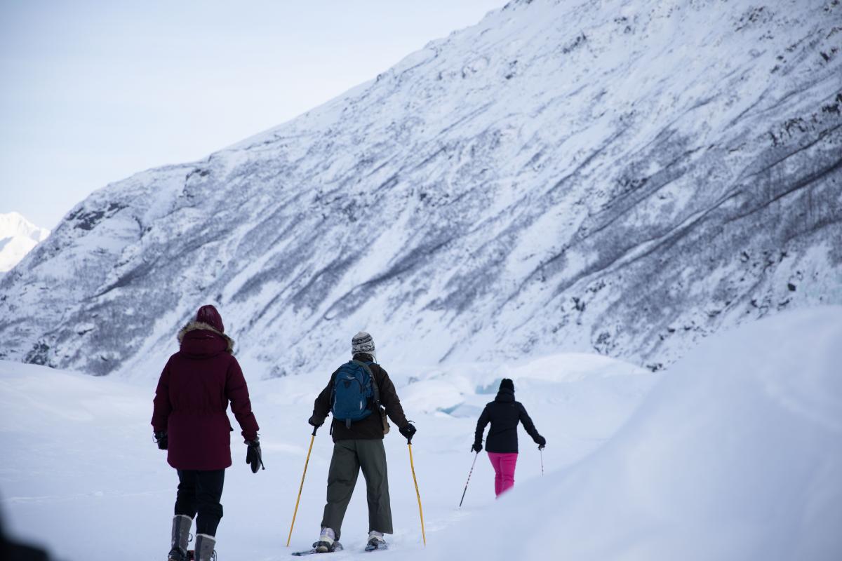 three people snowshoeing in a frozen landscape