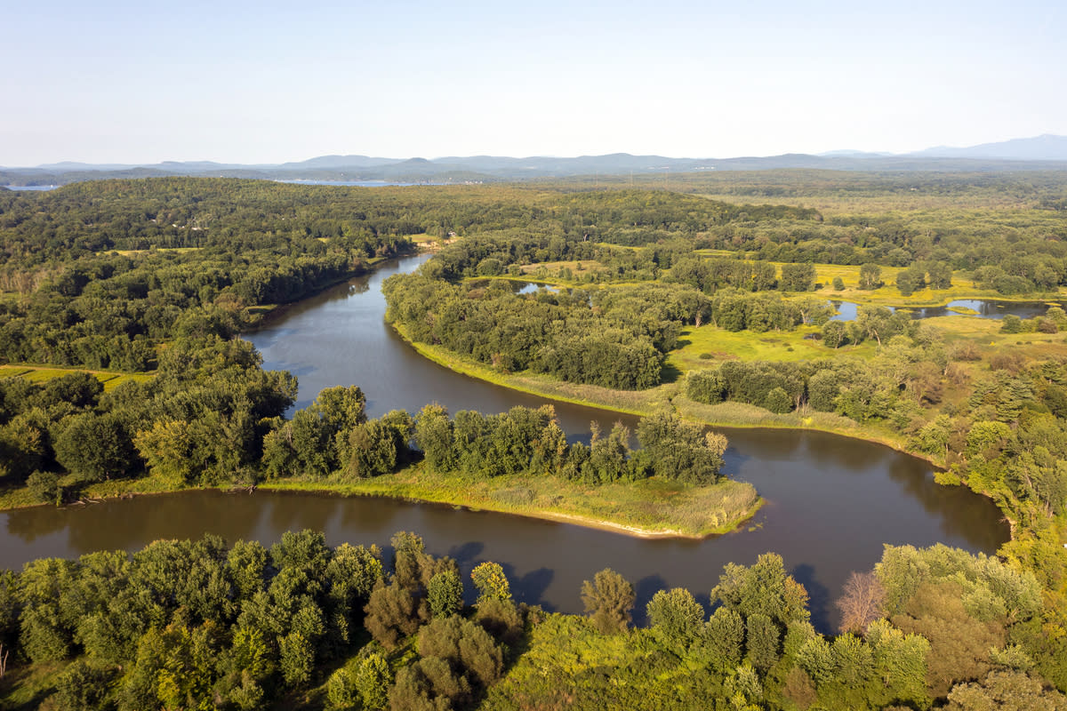 The Winooski River flowing through Burlington and into Lake Champlain
