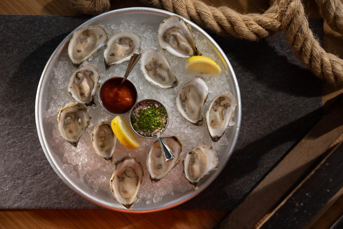 Fresh oysters on a half shell in a bed of ice at Original Skiff in Burlington Vermont