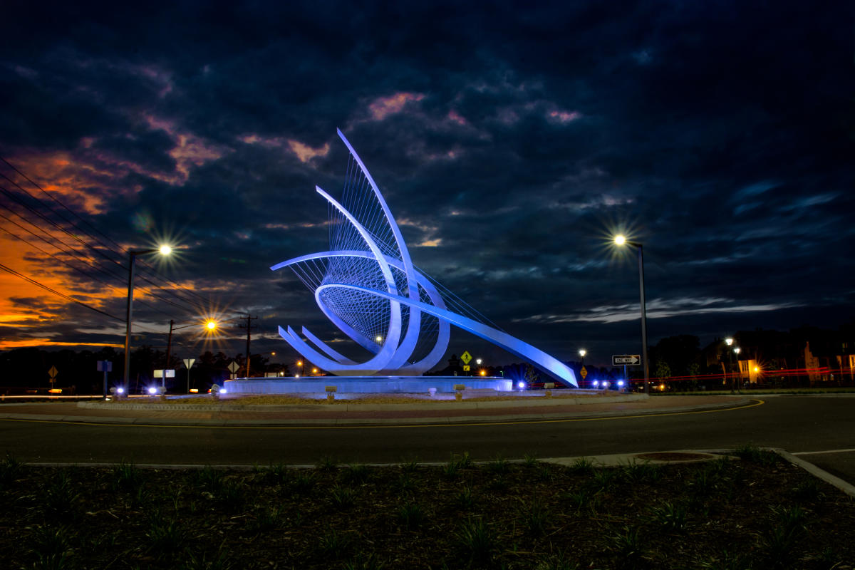 The Wave, a 35-foot stainless steel sculpture at Laskin Gate