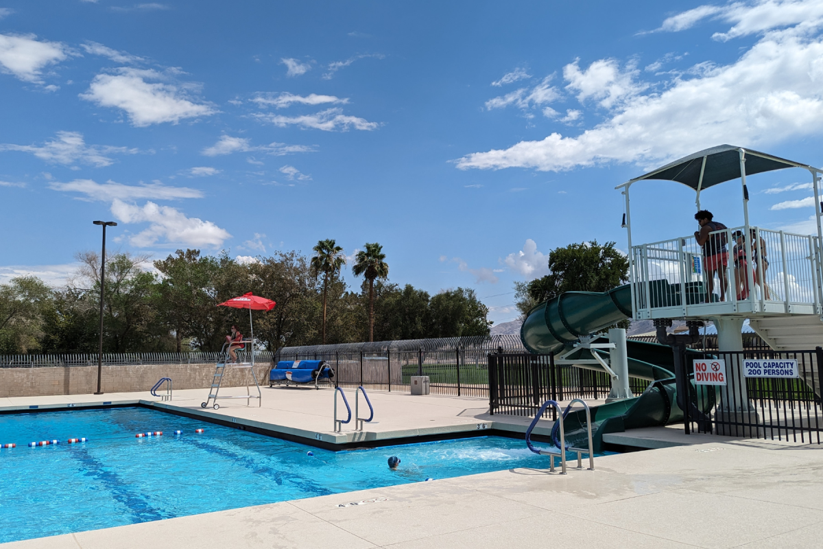 Children enjoying the waterslide at Luckie Park Pool in Twentynine Palms, California.