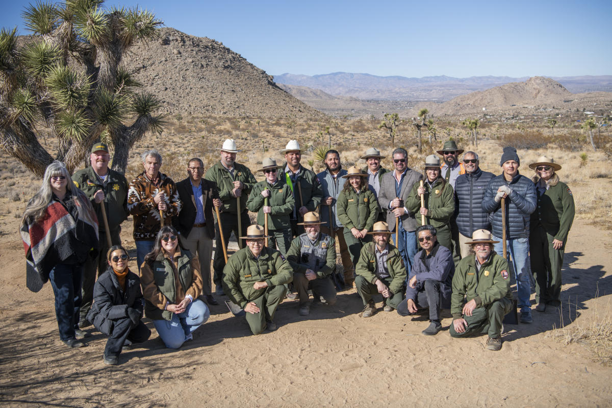 Park staff, partners, and residents gather for a ground-breaking ceremony to announce the construction of a new fee station at the West entrance in Joshua Tree National Park on Jan. 24, 2025. Photo: NPS / Marielle Scott