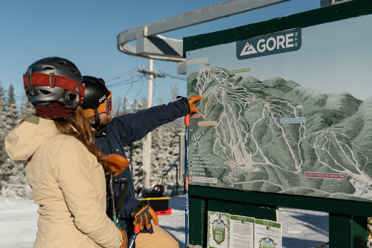 Couple looking at Gore Mountain's ski trail map