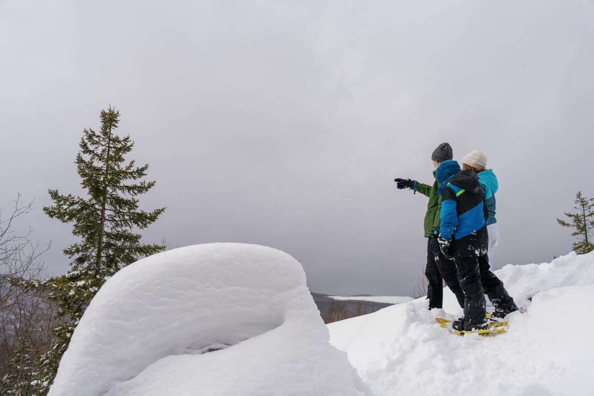 Family snowshoeing and enjoying the view
