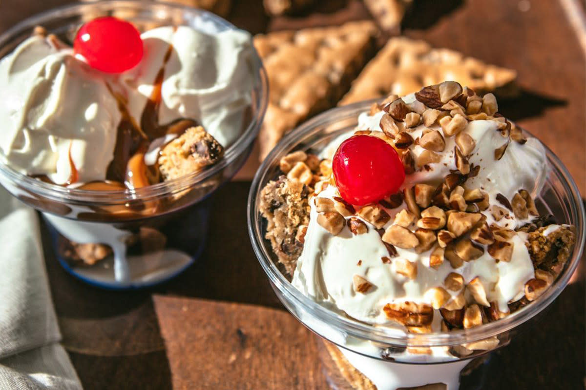 Frozen custard parfaits are decorated with cookie crumbles at Andy's Frozen Custard