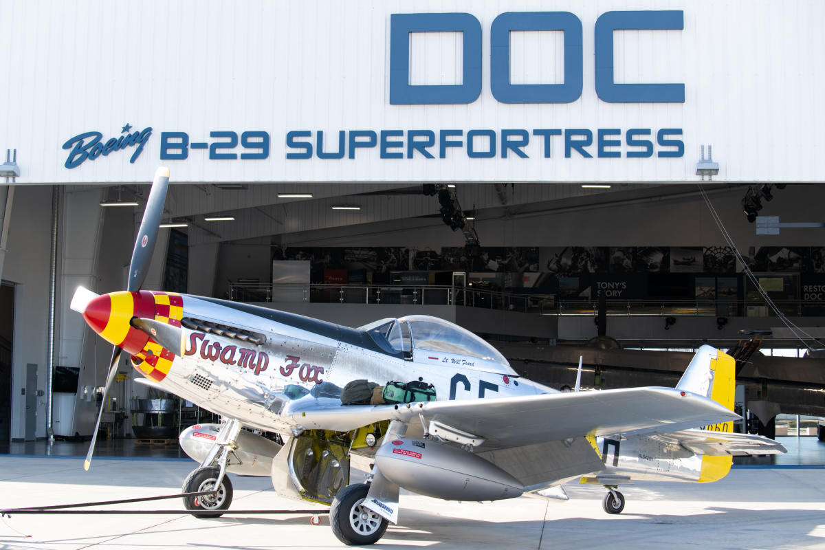 The Swamp Fox aircraft sits on display at the Doc B-29 Superfortress hangar