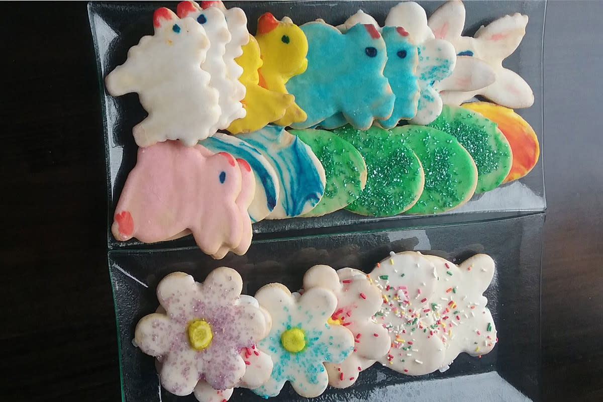 Cookies in the shapes of sheep, ducks, rabbits, flowers and eggs are decorated and for sale at Bagatelle Bakery