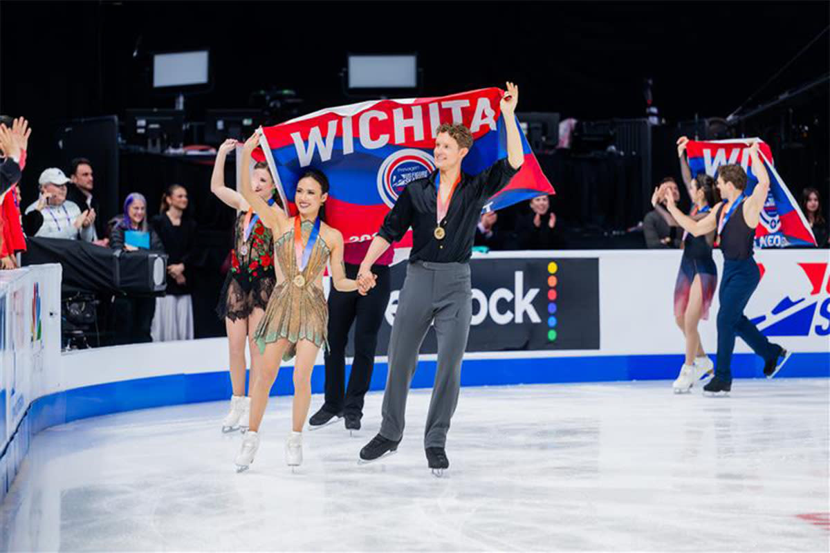 Madison Chock and Evan Bates skate a victory lap after winning gold in Ice Dance at the 2025 Prevagen US Figure Skating Championships at INSTRUST Bank Arena.