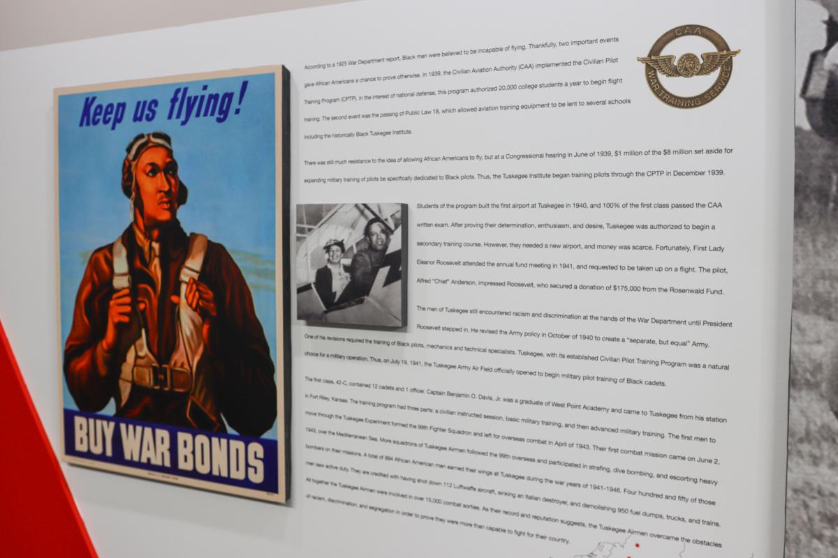 An image of part of the Rip Gooch Black Aviators Exhibit at Kansas Aviation Museum.