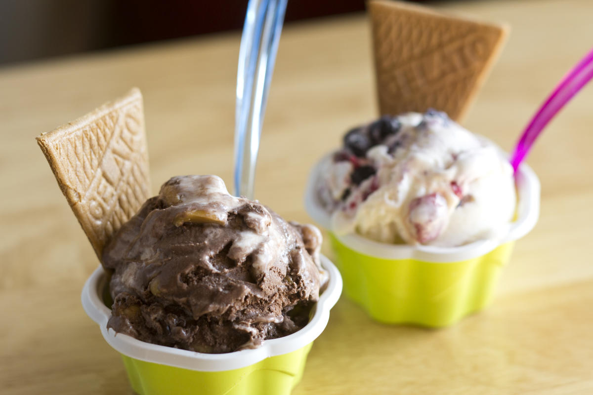Two cups of gelato feature cookies and spoons