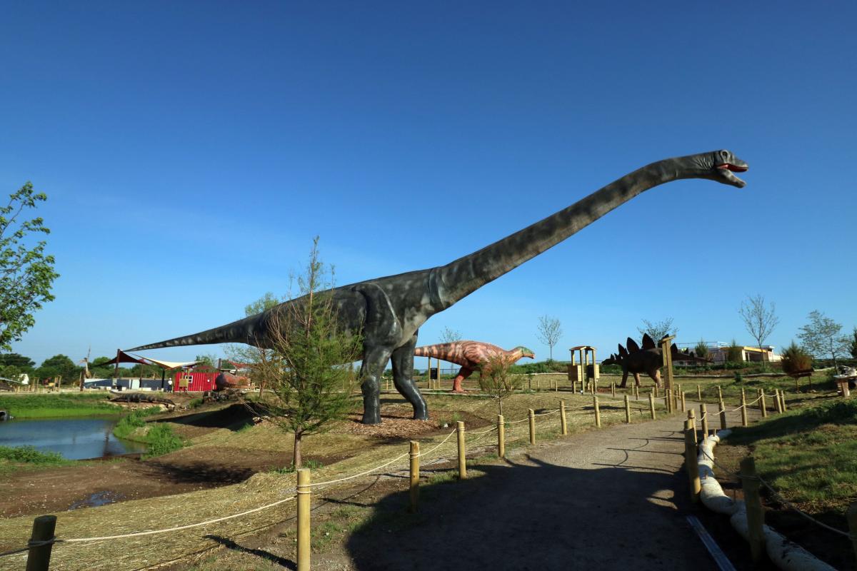 A view of the park with several animatronic dinosaurs from the walking path at Field Station: Dinosaurs