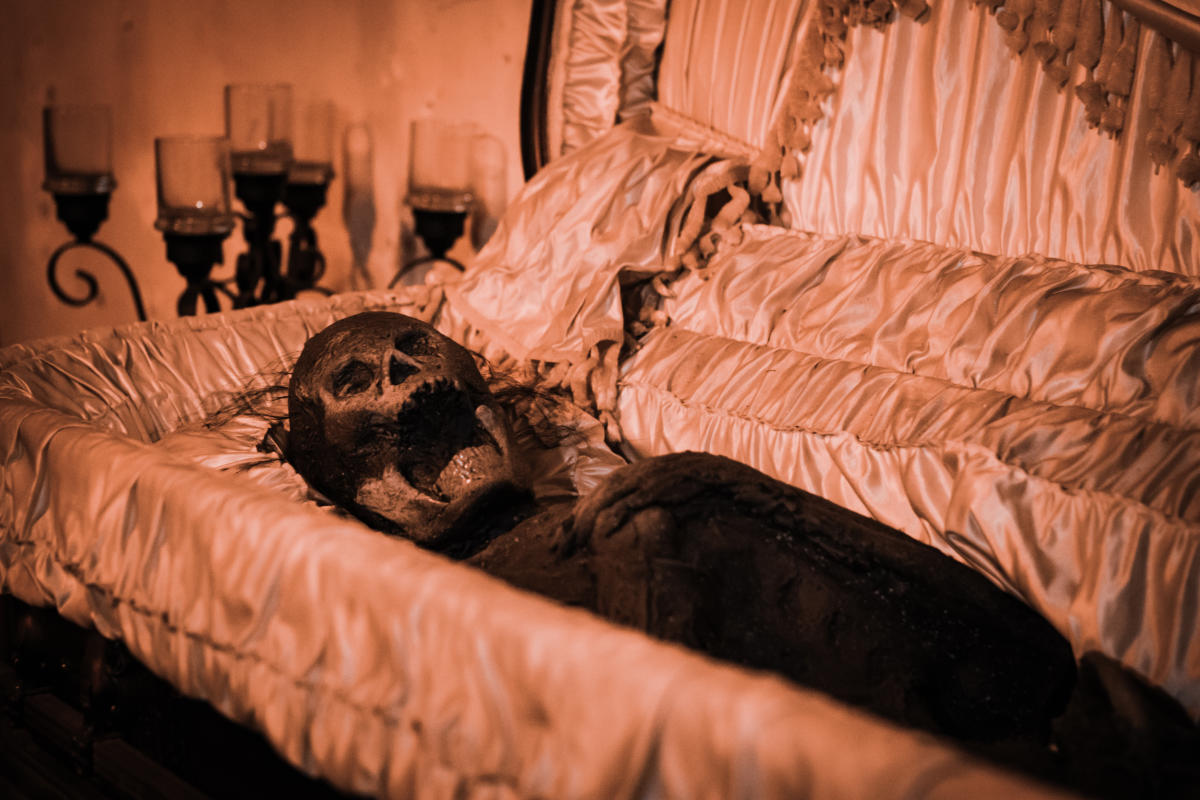 A fake skeleton is pictured in a coffin as part of the decor at the 13 Sinister Souls haunted attraction