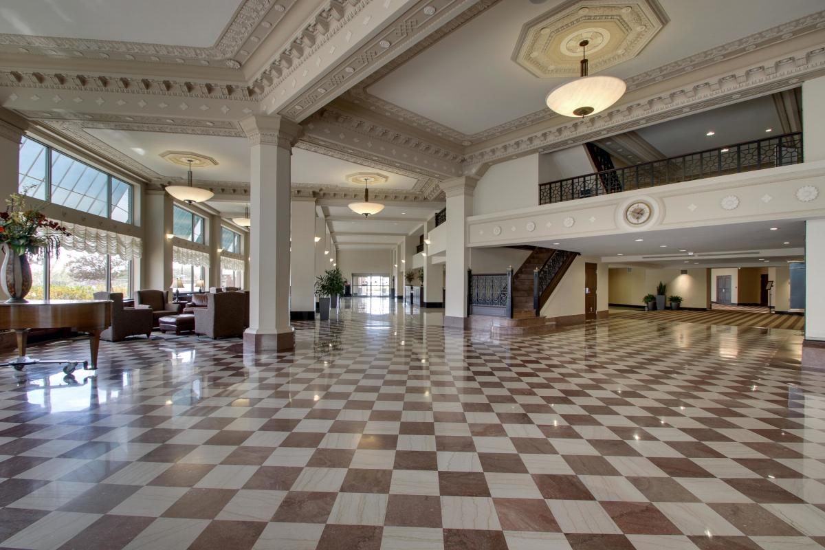 The lobby is lit by daylight at the Drury Plaza Hotel Broadview