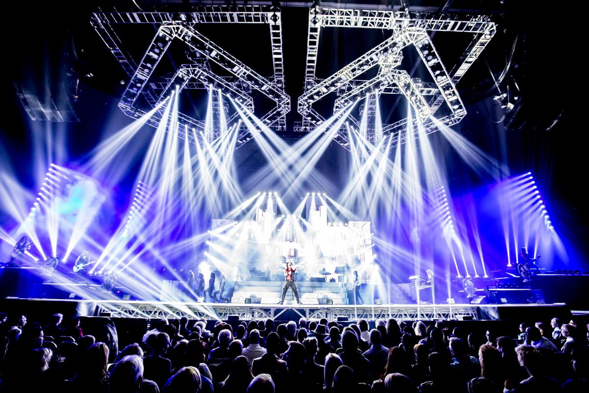 Trans Siberian Orchestra performs under an impressive light display in front of a large crowd at INTRUST Bank Arena in Wichita