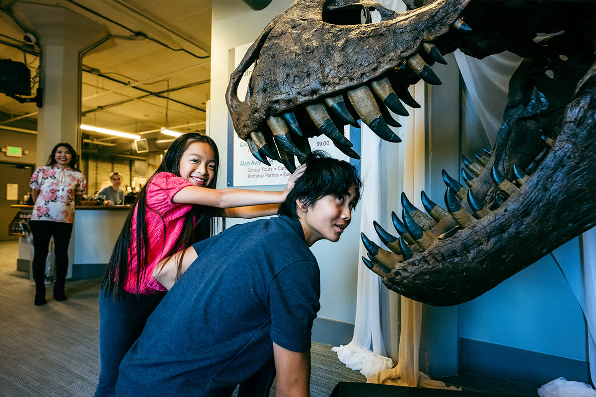 A young girl pretends to shove a young boy's head into the mouth of a dinosaur fossil at Museum of World Treasures