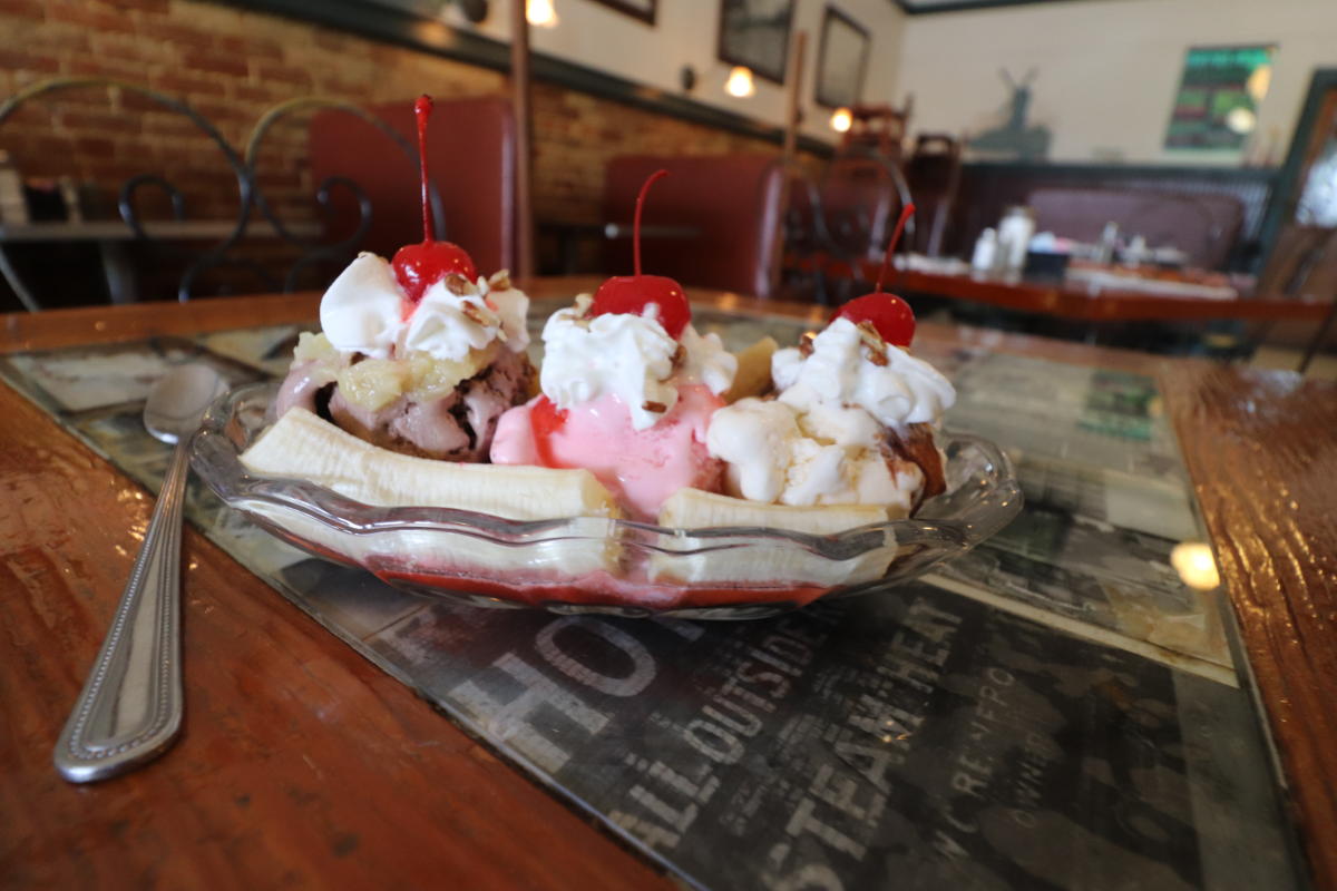 A closeup photo of a banana split at Old Mill Tasty Shop in downtown Wichita