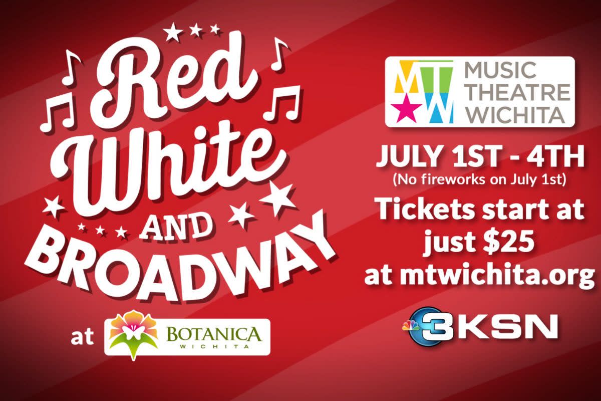 An image features text "Red White and Broadway" with music notes and the dates of the 2023 performances