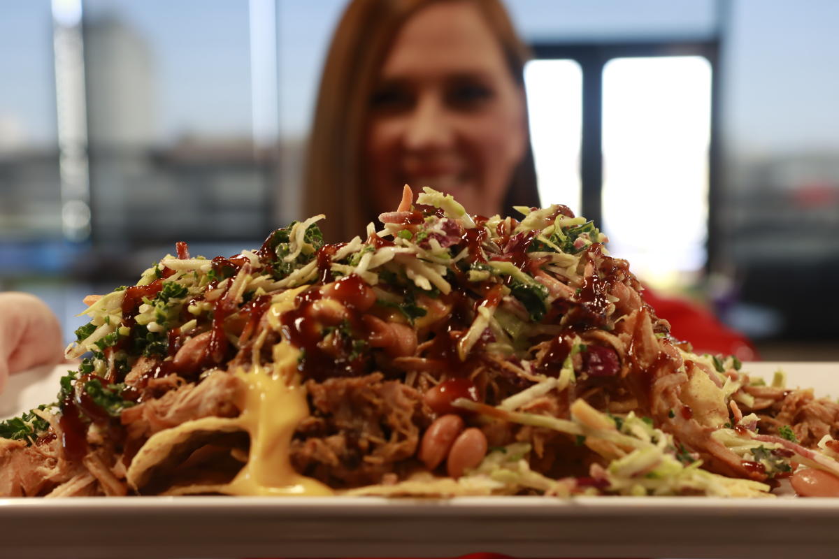 BBQ nachos on a plate at Riverfront Stadium