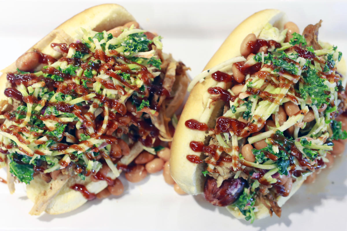 Two Wichita Dogs on a plate at Riverfront Stadium